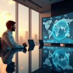 "A market research analyst sits confidently at a conference table, gazing at an LED screen displaying intricate data visualizations and AI-generated insights, showcasing their AI automation skills."