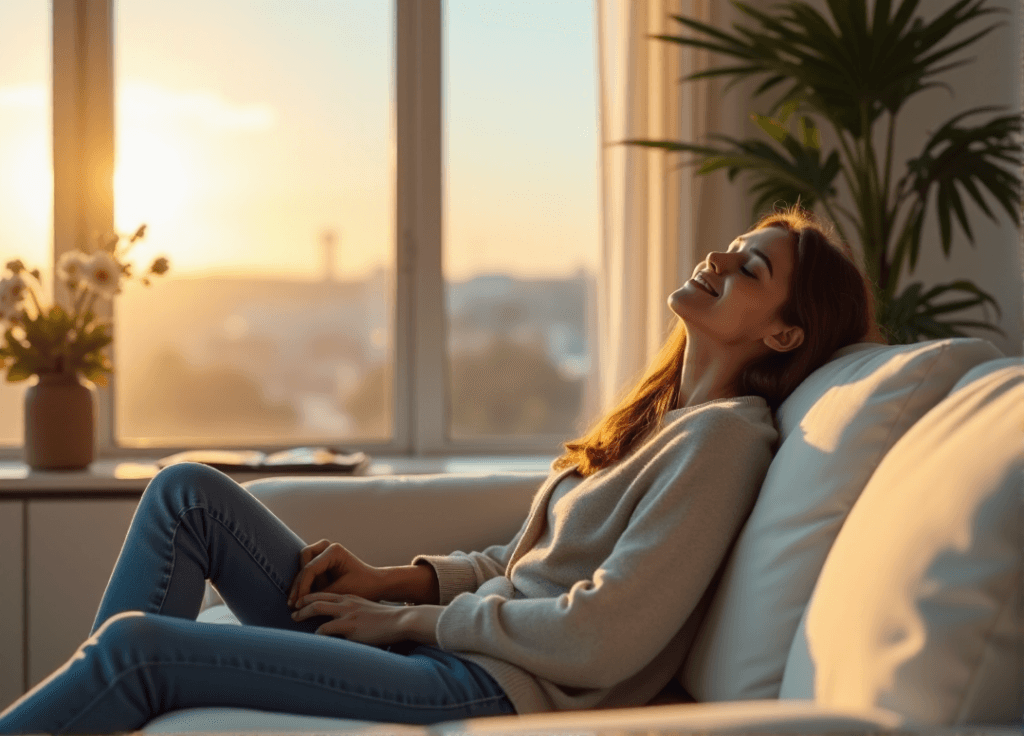 "A satisfied customer relaxes on a cream-colored couch in a modern living room with soft natural light, evoking feelings of contentment amidst AI automation skills."
