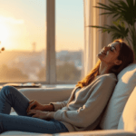 "A satisfied customer relaxes on a cream-colored couch in a modern living room with soft natural light, evoking feelings of contentment amidst AI automation skills."