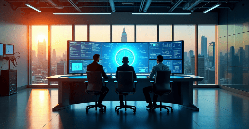 "A high-tech control room featuring professionals monitoring AI automation strategies on a large curved screen with real-time data streams and productivity metrics."