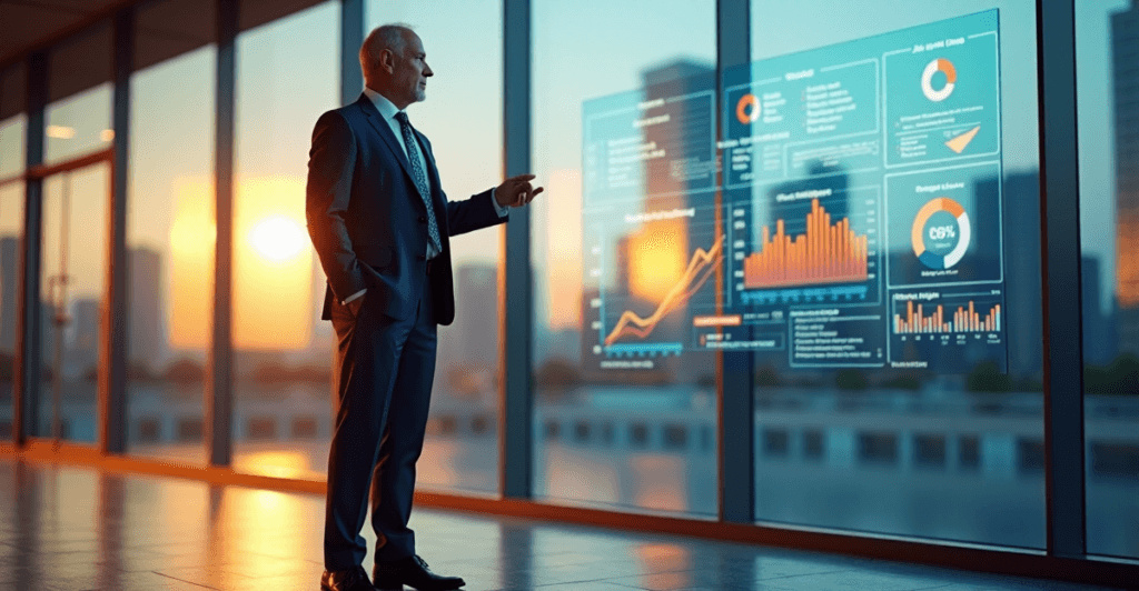 "A senior executive presents data-driven insights to an unseen audience in a modern office setting, highlighting AI automation skills and market research findings."