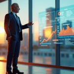 "A senior executive presents data-driven insights to an unseen audience in a modern office setting, highlighting AI automation skills and market research findings."