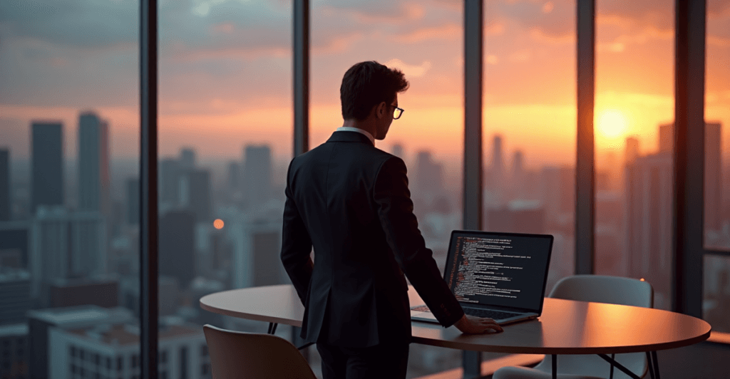 "A young professional stands confidently in front of a cityscape at sunset, focused on mastering AI automation skills with a laptop displaying complex code."