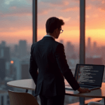 "A young professional stands confidently in front of a cityscape at sunset, focused on mastering AI automation skills with a laptop displaying complex code."