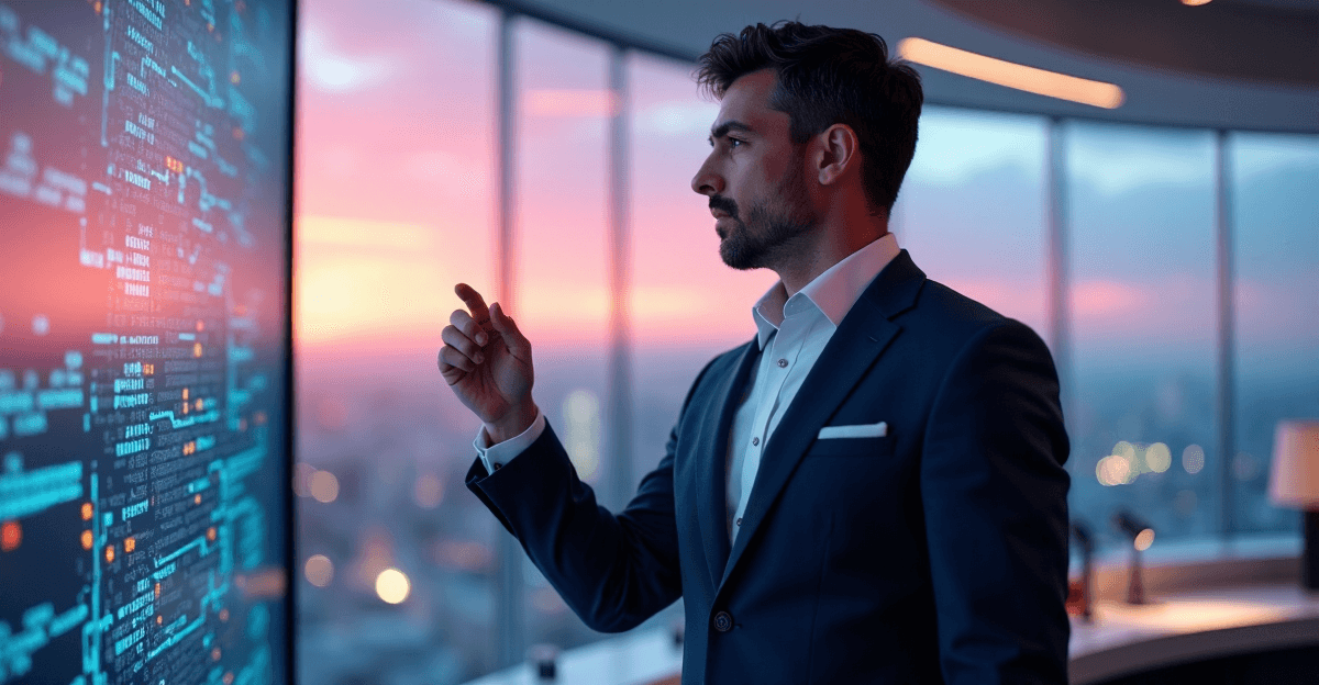 An expert in AI-powered process automation stands confidently in a modern control room with a panoramic cityscape view, showcasing their AI automation skills.