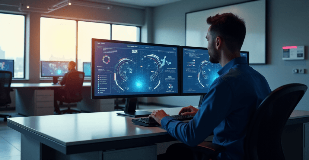 "A modern control room featuring an AI-driven process automation system with a high-resolution touchscreen display showcasing data-rich dashboard metrics."