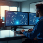 "A modern control room featuring an AI-driven process automation system with a high-resolution touchscreen display showcasing data-rich dashboard metrics."