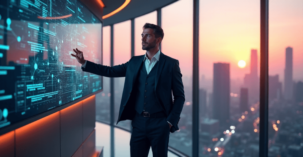 "An executive stands confidently in a modern control room, surrounded by AI automation systems and data streams, showcasing precision and efficiency."