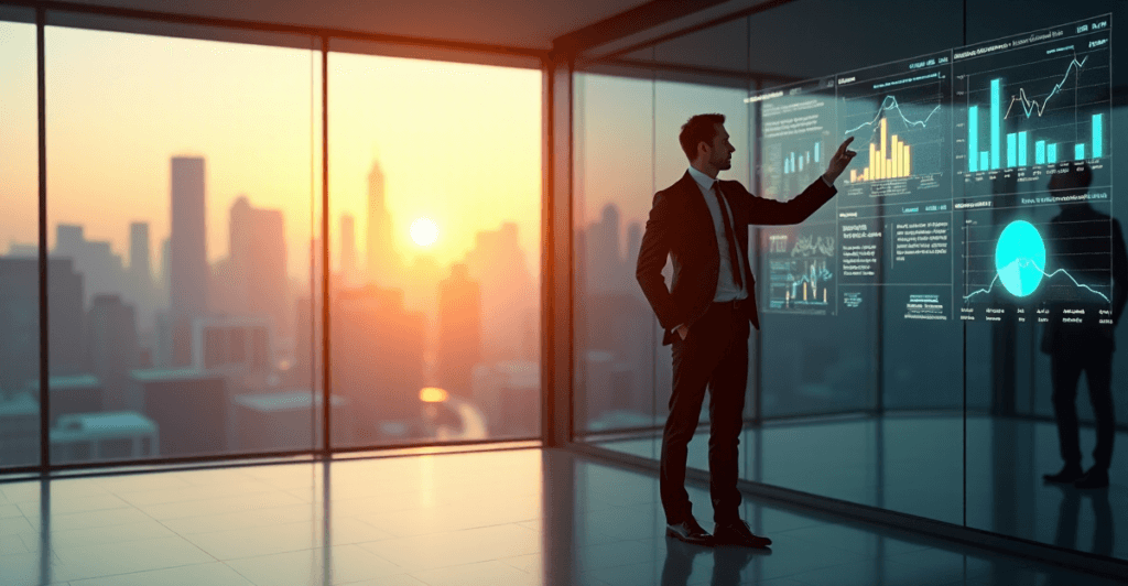 "A high-stakes executive stands confidently in front of a glass wall with an expansive city skyline behind them, gesturing towards AI-driven analytics charts on a digital display."