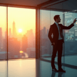 "A high-stakes executive stands confidently in front of a glass wall with an expansive city skyline behind them, gesturing towards AI-driven analytics charts on a digital display."