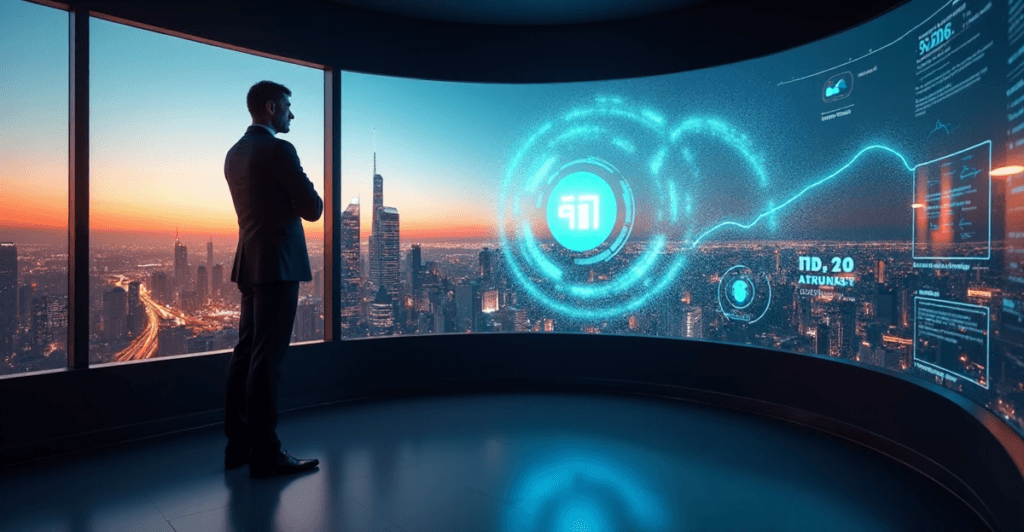 "A high-tech control room with an executive standing confidently in front of a curved screen displaying AI-powered predictive insights and a futuristic cityscape at dusk."