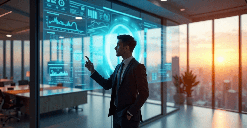 "A young professional stands confidently in front of an AI-powered predictive analytics dashboard, showcasing AI automation skills and insights at a futuristic corporate office."