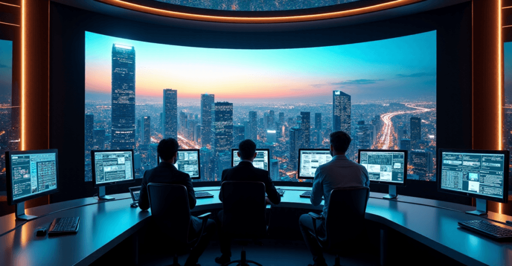 "A high-tech control room featuring a team of professionals collaborating around a central console, utilizing AI-driven automation systems to enhance business success with real-time data and predictive insights."
