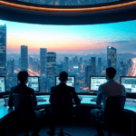 "A high-tech control room featuring a team of professionals collaborating around a central console, utilizing AI-driven automation systems to enhance business success with real-time data and predictive insights."