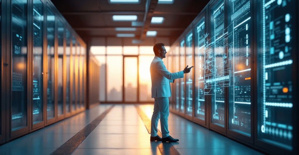 "A high-tech server room scene featuring a professional in a white suit monitoring AI systems with intuitive touchscreens and LED displays."