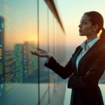 An executive stands confidently in front of a glass wall with a city skyline behind her, gesturing towards a digital screen displaying market research insights, highlighting AI automation skills and data-driven decision making.