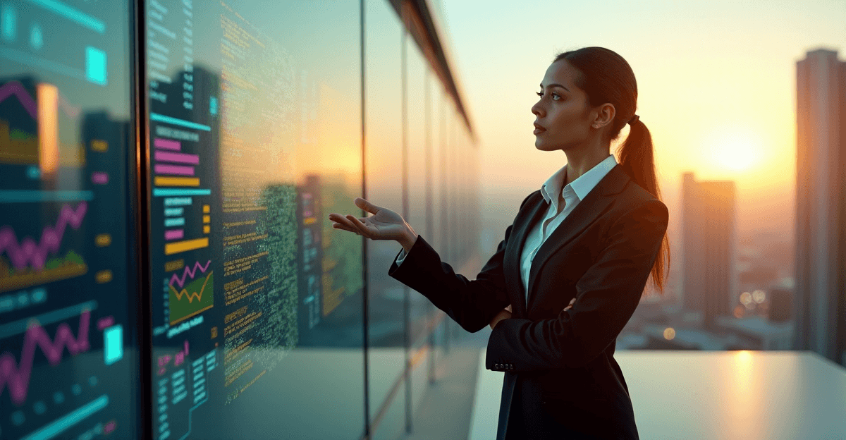 An executive stands confidently in front of a glass wall with a city skyline behind her, gesturing towards a digital screen displaying market research insights, highlighting AI automation skills and data-driven decision making.