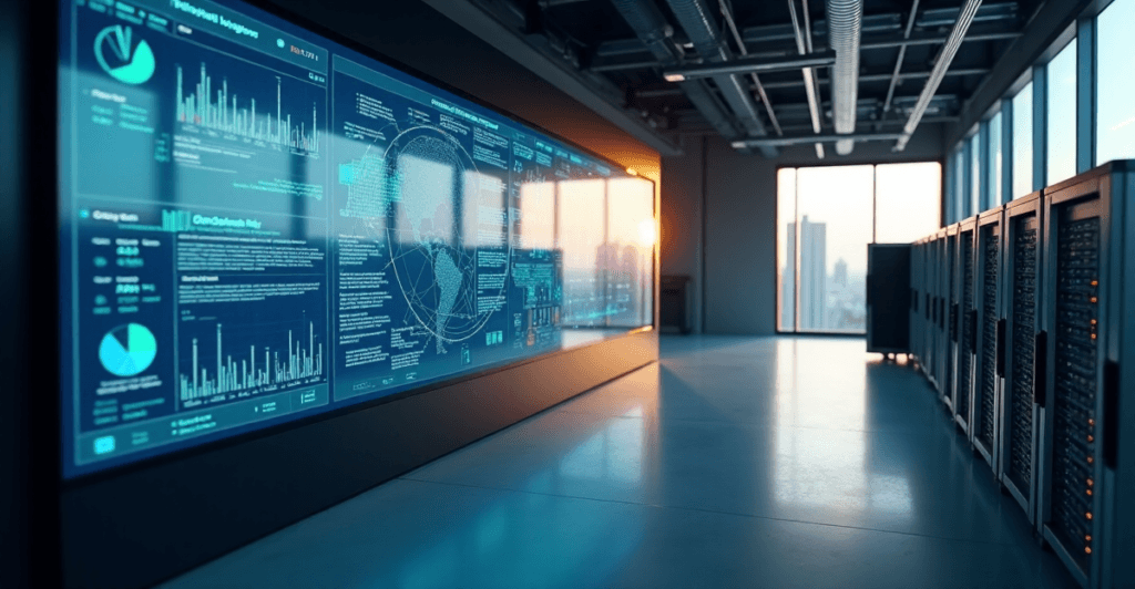 "A modern control room featuring a large touchscreen display showcasing AI-powered workflow diagrams and data analytics, surrounded by humming servers and computer hardware."