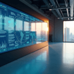 "A modern control room featuring a large touchscreen display showcasing AI-powered workflow diagrams and data analytics, surrounded by humming servers and computer hardware."