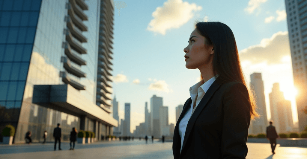 "A confident business executive stands in front of a high-rise corporate building, reflecting on AI-driven insights with AI automation skills."
