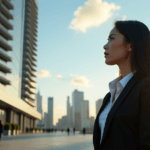 "A confident business executive stands in front of a high-rise corporate building, reflecting on AI-driven insights with AI automation skills."