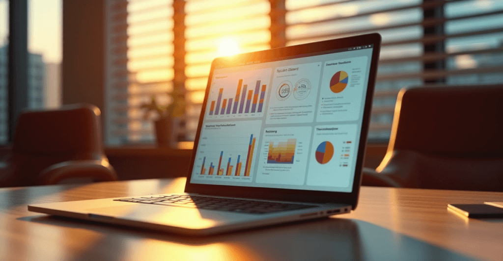 "A close-up of a laptop screen displaying customer sentiment analysis data with charts, graphs, and heat maps, set against a warm office background."