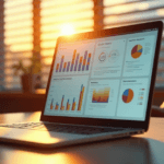"A close-up of a laptop screen displaying customer sentiment analysis data with charts, graphs, and heat maps, set against a warm office background."