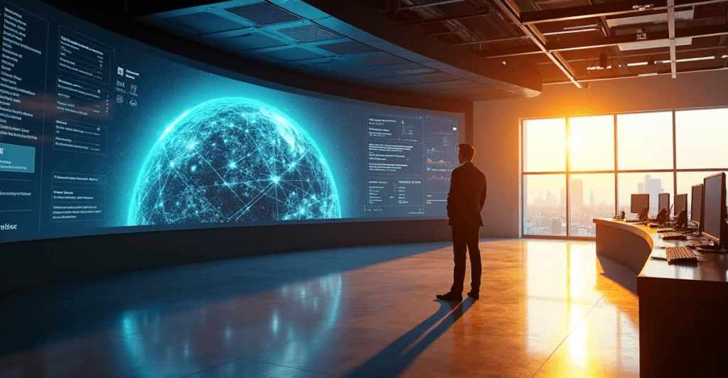 "A high-tech control room with a large curved screen displaying business data analytics, surrounded by servers and AI-powered workstations, showcasing an executive's determination to unlock new opportunities through predictive insights and AI automation skills."