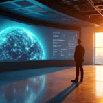 "A high-tech control room with a large curved screen displaying business data analytics, surrounded by servers and AI-powered workstations, showcasing an executive's determination to unlock new opportunities through predictive insights and AI automation skills."