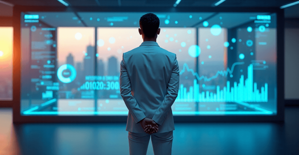 "A young professional stands confidently in a futuristic control room, gazing out at an AI-powered process automation dashboard and cityscape."