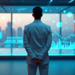 "A young professional stands confidently in a futuristic control room, gazing out at an AI-powered process automation dashboard and cityscape."