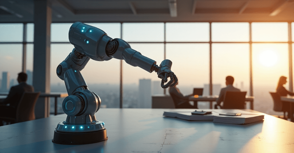 "A sleek robotic arm with AI-powered compliance transformation system in a modern office space, showcasing streamlined efficiency and AI automation skills."