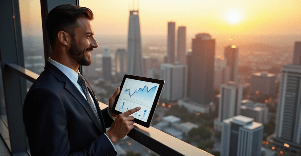"A confident business executive stands in front of a cityscape, holding a tablet displaying market trend analysis, exuding professionalism with AI automation skills on full display."