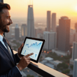 "A confident business executive stands in front of a cityscape, holding a tablet displaying market trend analysis, exuding professionalism with AI automation skills on full display."