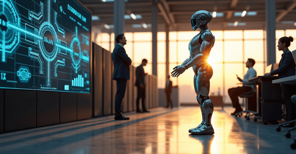 "A futuristic robot stands in front of a digital screen displaying network diagrams, surrounded by humming servers and employees observing with interest."