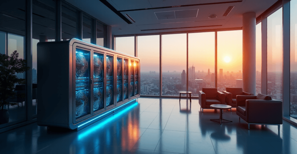 "A photorealistic image of an AI-powered marketing automation system in a modern office environment with cityscape views at dusk."