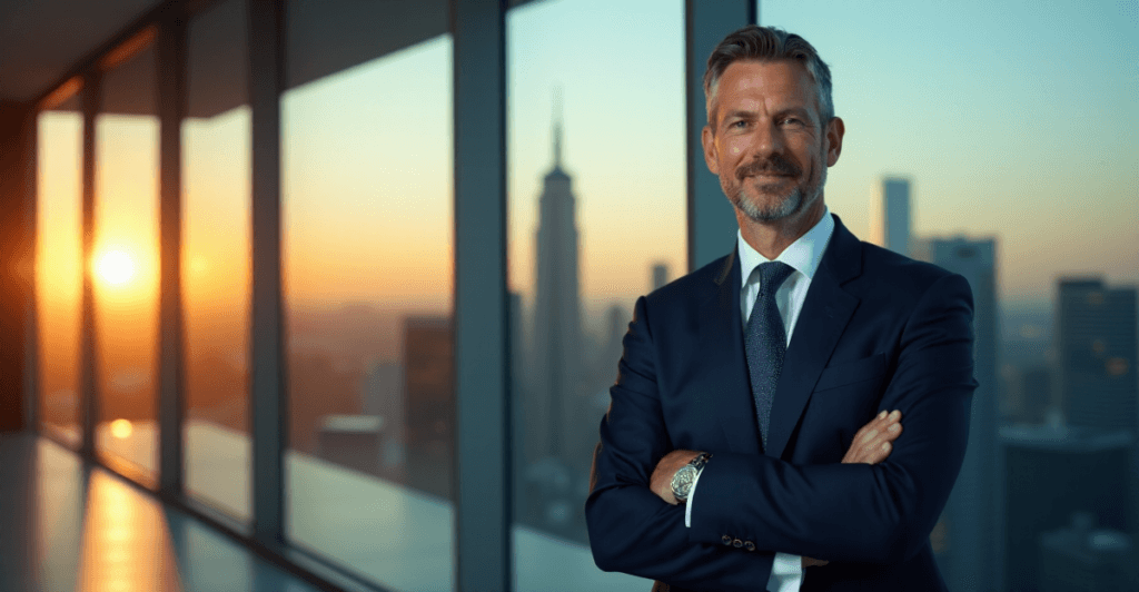 "A senior executive stands confidently in front of a city skyline, exuding professionalism and poise, highlighting the importance of AI automation skills in strategic business decisions."