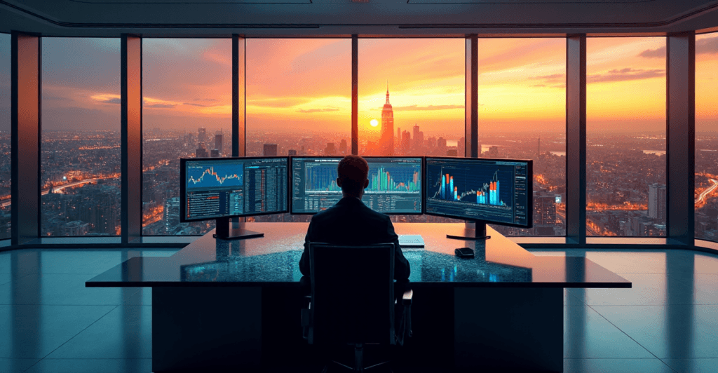 "A high-tech data analytics console in a modern office, with AI-driven market research displays and a lone figure poised to act on insights."