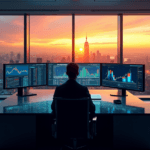 "A high-tech data analytics console in a modern office, with AI-driven market research displays and a lone figure poised to act on insights."