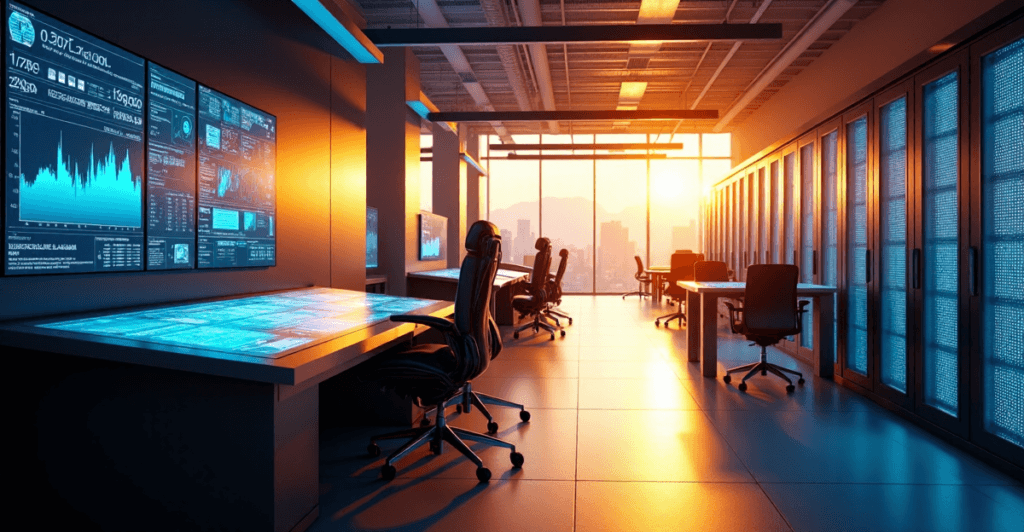"A high-tech data center featuring AI-powered workstations, digital screens displaying market trends, and a central console with futuristic control panel."