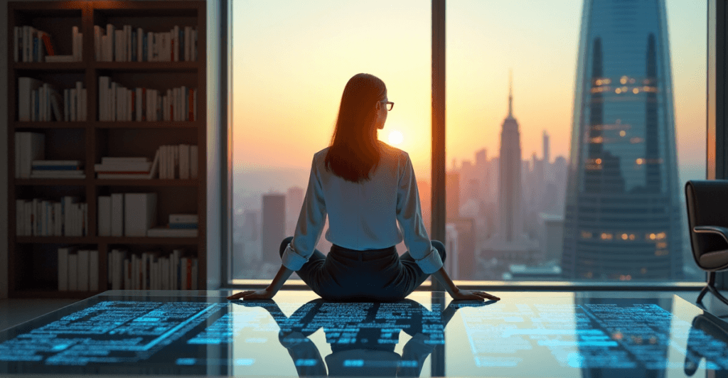 "A businesswoman sits in a minimalist room, gazing at an AI-driven customer sentiment analysis display on a high-resolution touchscreen, her hands poised to interact with the data."