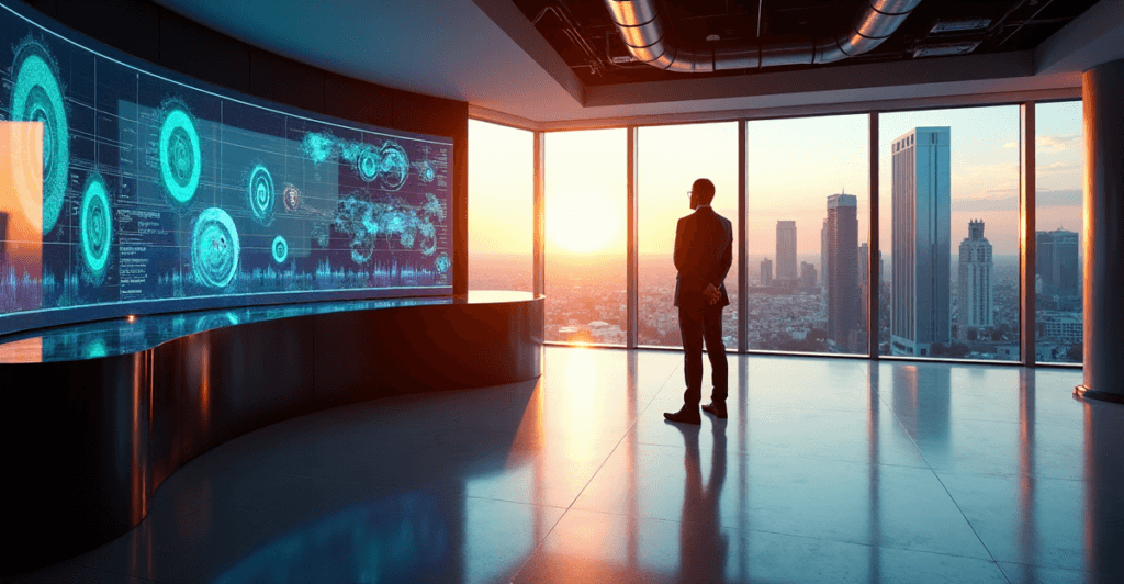 "A high-tech control room featuring an executive analyzing real-time data on a large curved screen with AI-driven insights, showcasing AI automation skills in action."