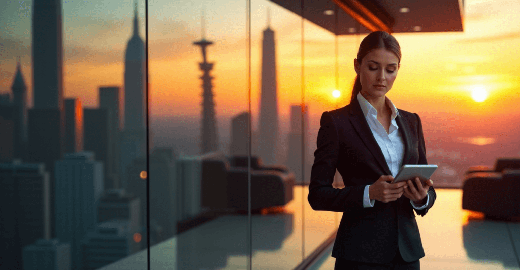 "A confident business executive stands in front of a cityscape at sunset, analyzing data on her tablet with calm focus, showcasing AI automation skills in a modern office setting."