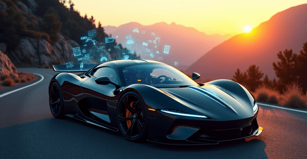 "A sleek sports car on a mountain road at sunset, featuring an AI-powered dashboard with holographic data projections, showcasing cutting-edge technology and AI automation skills."