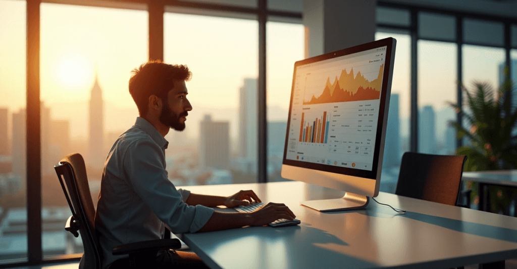 "A young business analyst intensely studies real-time customer feedback analytics software on a large screen in a modern office with a cityscape view."