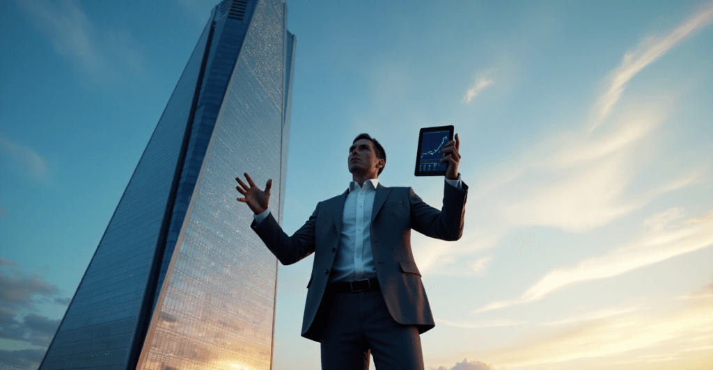 "A business executive stands confidently in front of a skyscraper with an LED screen displaying AI trends, emphasizing AI automation skills and growth potential."