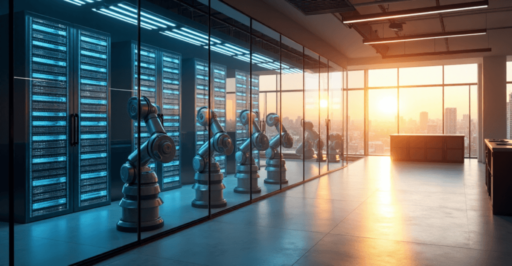 "A futuristic AI-powered automation system in a sleek business office with humming servers, glowing circuit boards, and metallic robotic arms."