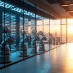 "A futuristic AI-powered automation system in a sleek business office with humming servers, glowing circuit boards, and metallic robotic arms."
