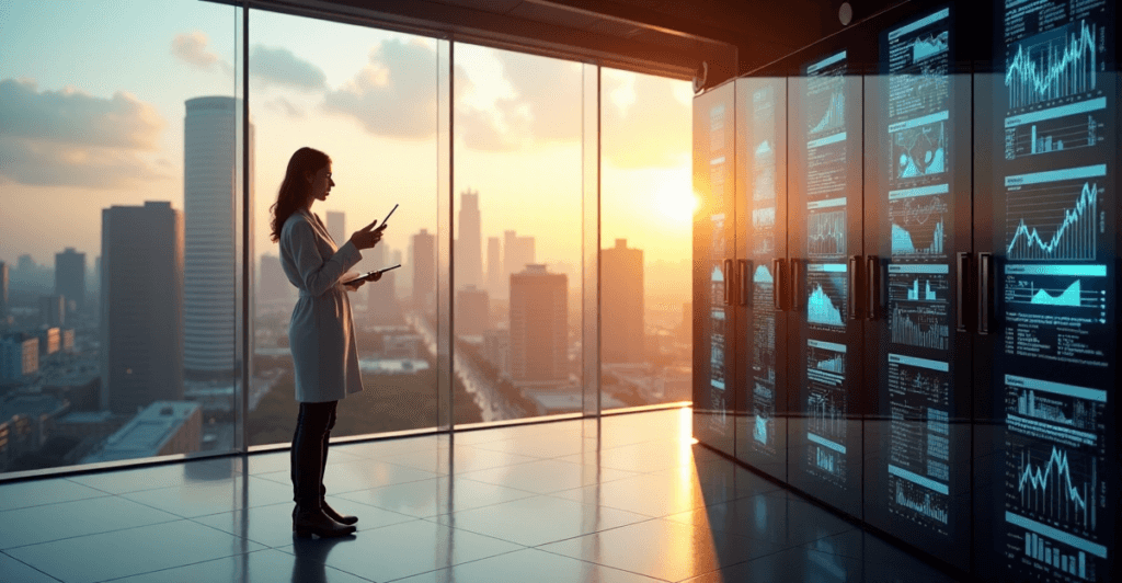"A data analyst stands confidently in front of a digital display showcasing market research graphs and intricate data visualizations, highlighting AI automation skills in a high-tech analytics center."