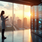 "A data analyst stands confidently in front of a digital display showcasing market research graphs and intricate data visualizations, highlighting AI automation skills in a high-tech analytics center."